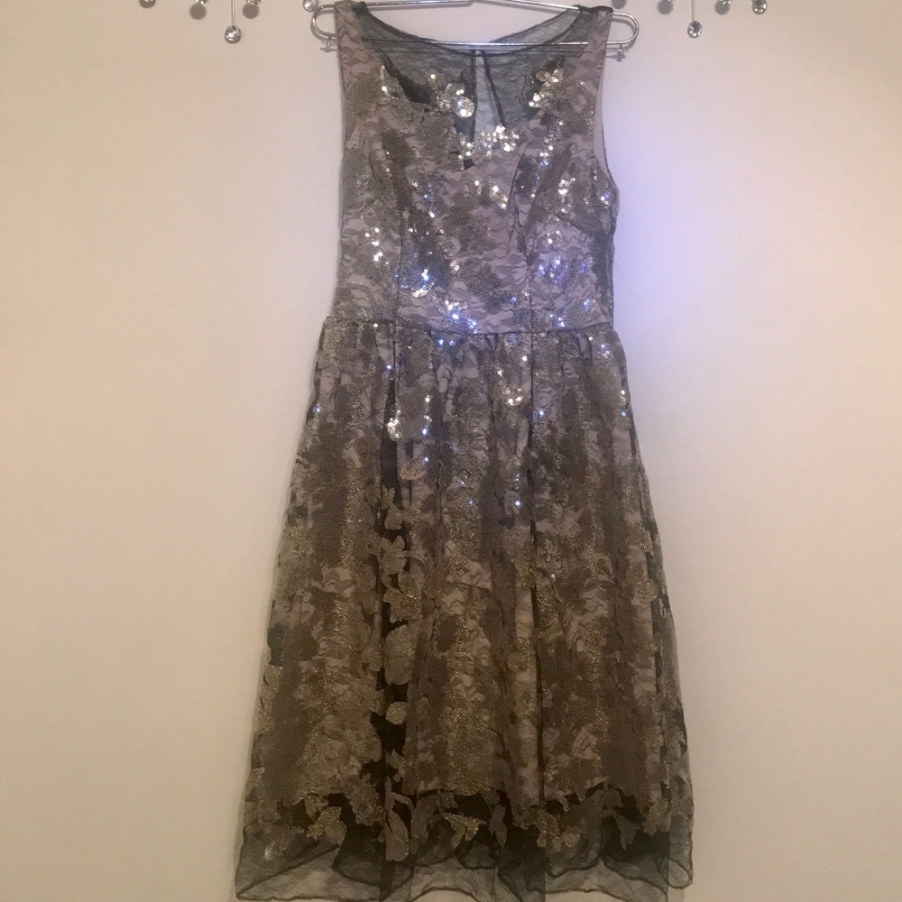 VERA WANG Illusion Neck Sequin Fit & Flare Dress